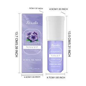 Gedetailleerde maattabel voor Roxelis violette parfum 100ml met afmetingen van de doos