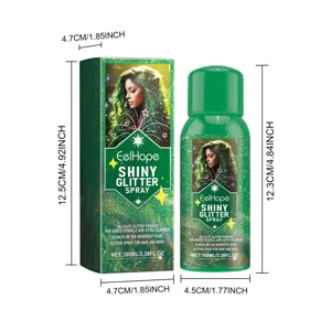 Dimensions of the green glitter spray bottle and packaging box showing height and width