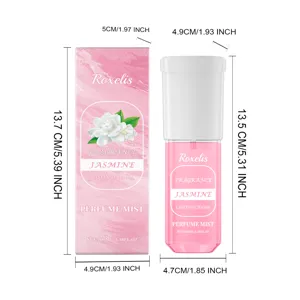 Gedetailleerde afmetingen van Roxelis jasmijn parfumflesje en roze verpakking.