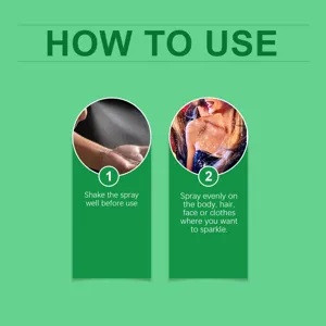 Instructional guide for using shimmer glitter spray on body and hair for party events