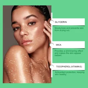 Detailed ingredient view of body shimmer spray including Glycerin, Mica, and Vitamin E.