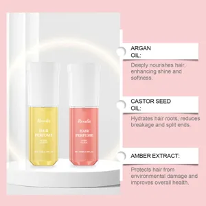 Detailed view of hair perfume ingredients including Argan oil, Castor seed oil, and Amber extract.