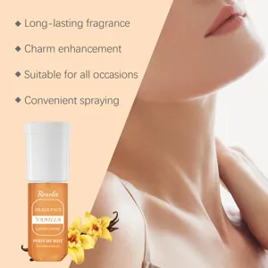 Vista dettagliata del flacone spray Roxelis Vanilla con fiori di vaniglia freschi