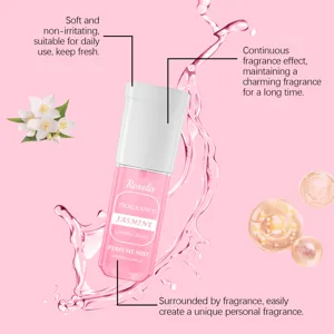 Detail van Roxelis jasmijn geursprayfles met roze vloeistofspatten op de achtergrond
