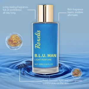 Detail view of the 50ml blue men's light perfume bottle with fresh long-lasting fragrance.