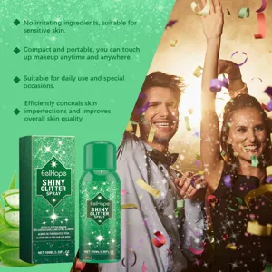 Detailed view of EelHope glitter spray packaging with festive party lifestyle scene