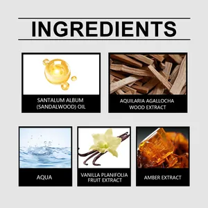 Aufschlüsselung der Inhaltsstoffe mit Vanille, Sandelholz und Bernstein für Parfum.