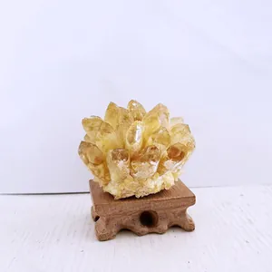 Grappolo di cristallo di citrina naturale su un supporto in legno decorativo da interno.