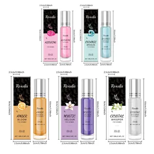 Detaillierte Maße und 5 Duftvarianten des Roxelis 10ml tragbaren Roll-on-Parfüm-Sets