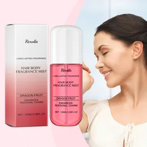 Detailed shot of Roxelis Dragon Fruit hair and body fragrance mist with 100ml bottle and box