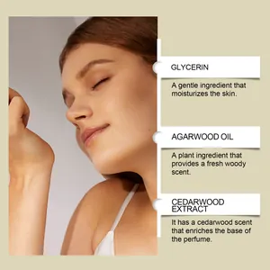 Detail view of Agarwood and Cedarwood perfume ingredients featuring Glycerin and natural oils