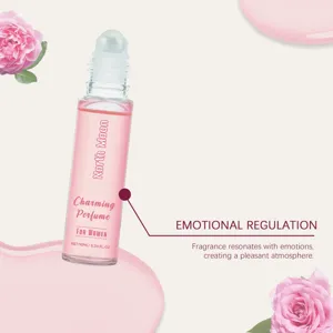 Detailed view of North Moon rose pheromone rollerball perfume with product description