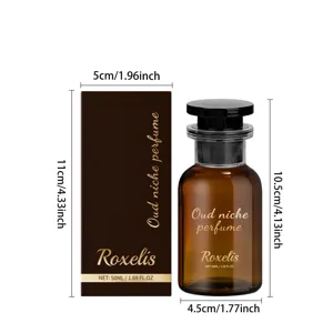 Detailed dimensions of Roxelis Oud niche perfume bottle and 50ml packaging box.