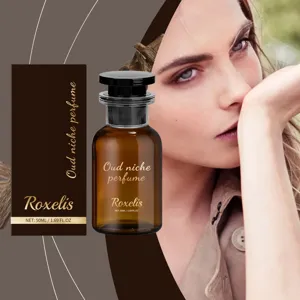 Detailed view of Roxelis Oud niche perfume bottle and 50ml packaging box with model
