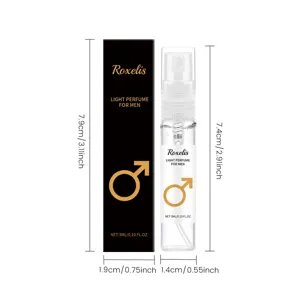 Detailed dimension chart showing 3ml portable men's perfume spray and black gift box
