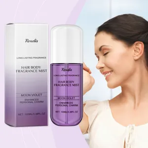 Λεπτομέρεια αρώματος Roxelis Moon Violet για μαλλιά και σώμα σε μπουκάλι 100ml με κουτί