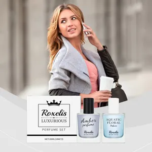 Coffret cadeau de parfum luxueux Roxelis avec senteurs ambrées et florales aquatiques.