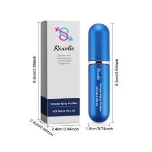 Dimensions détaillées du flacon de parfum bleu pour hommes 5ml et de sa boîte grise