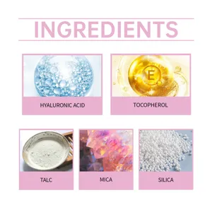 Detail view showing ingredients like Hyaluronic Acid and Mica for the setting powder.
