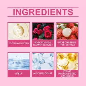 Dettaglio degli ingredienti del profumo alla rosa e litchi con estratti di fiori e frutta