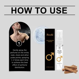 Usage instructions for Roxelis men's portable 3ml light perfume spray with bottle and box