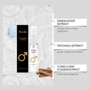 Detailed view of men's perfume ingredients featuring sandalwood and patchouli extract