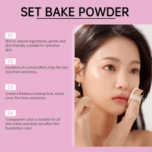 Asian model applying translucent oil-control setting powder for a flawless matte finish.