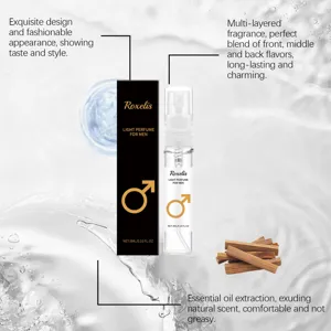 Detail of 3ml Roxelis men's perfume sample with spray bottle and black box packaging