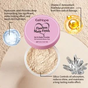 Detailed view of EelHope matte finishing powder texture and skin-nourishing ingredient benefits