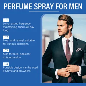 Homme d'affaires en costume présentant un parfum longue durée en vaporisateur pour hommes