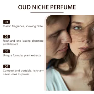 Features of long-lasting Oud Niche Perfume displayed with emotive couple close-up