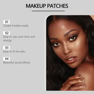 Detailed view of glitter freckle tattoo patches on a model's face for beauty makeup