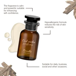 Macro detail of Roxelis Oud niche perfume bottle with wood accents and fragrance descriptions.
