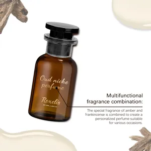 Detail of Roxelis oud niche perfume showing amber and frankincense fragrance notes