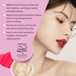 Detailed view of matte oil-control setting powder with model demonstrating radiance