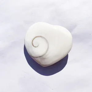 Macro detail of heart-shaped natural Shiva Eye shell pendant featuring a spiral pattern