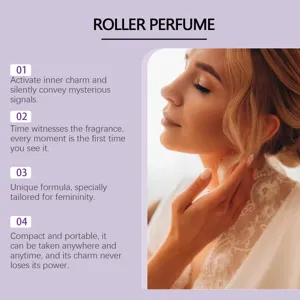 Close-up of elegant woman with roller perfume marketing text on purple background
