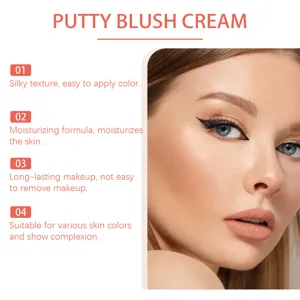 Vista detallada del rubor en crema con demostración de modelo de maquillaje profesional.