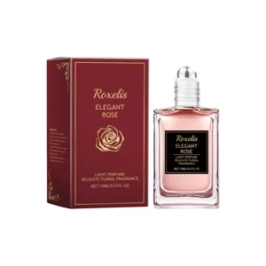 Elegant Roxelis rose scent perfume, 15ml rollerball fragrance in burgundy box.