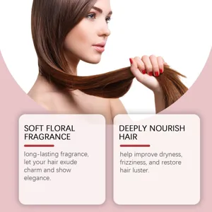 Dettaglio olio profumato floreale per capelli che mostra nutrimento profondo e anti-crespo
