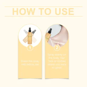 Infografica con due passaggi per applicare lo spray glitter su corpo, capelli e pelle delicata