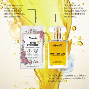 Dettaglio profumo floreale per capelli con elegante confezione a rose e spruzzi di liquido
