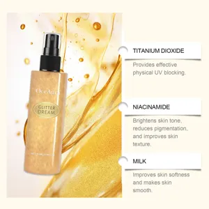 Vista dettagliata dello spray glitter OceAura con ingredienti come niacinamide e latte.