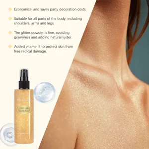 Dettaglio dell'effetto spray glitterato dorato sulla pelle del collo con flacone OceAura
