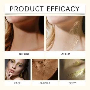 Effetto dello spray glitterato su viso, clavicola e pelle del corpo mostrato.