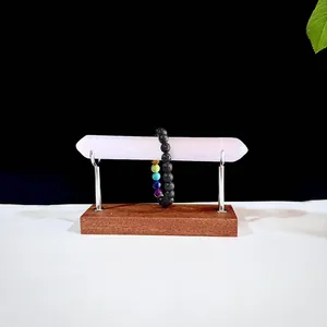 Natural Moroccan selenite stick bracelet display stand with lava stone chakra jewelry