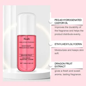 Detail of Roxelis dragon fruit hair and body fragrance mist with key ingredient benefits.