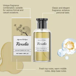 Detail view of Roxelis Agarwood perfume bottle and box with scent notes descriptions