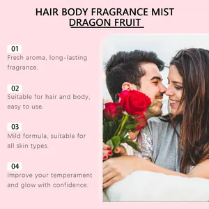 Features of dragon fruit fragrance mist for hair and body, refreshing and long-lasting aroma.