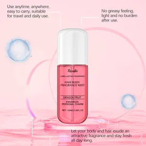 Detail view of dragon fruit fragrance mist bottle in a fresh pink water-themed setting.